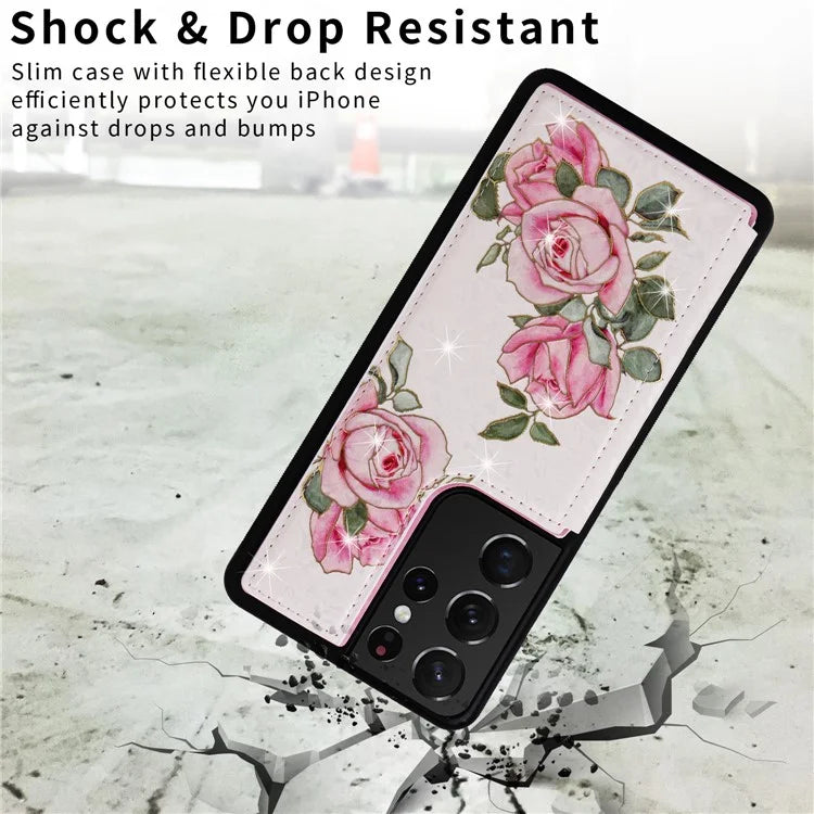 For Samsung Galaxy S21 Ultra 5G Card Slots Kickstand RFID Blocking Cell Phone Case PU Leather+TPU Cover Flower