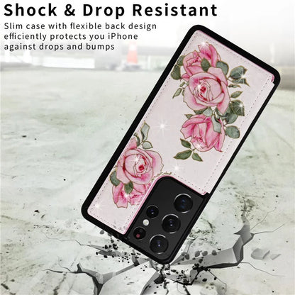 For Samsung Galaxy S21 Ultra 5G Card Slots Kickstand RFID Blocking Cell Phone Case PU Leather+TPU Cover Flower