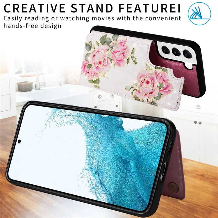 For Samsung Galaxy S22 5G Pattern Printing Case Kickstand Card Slots Phone Back Shell