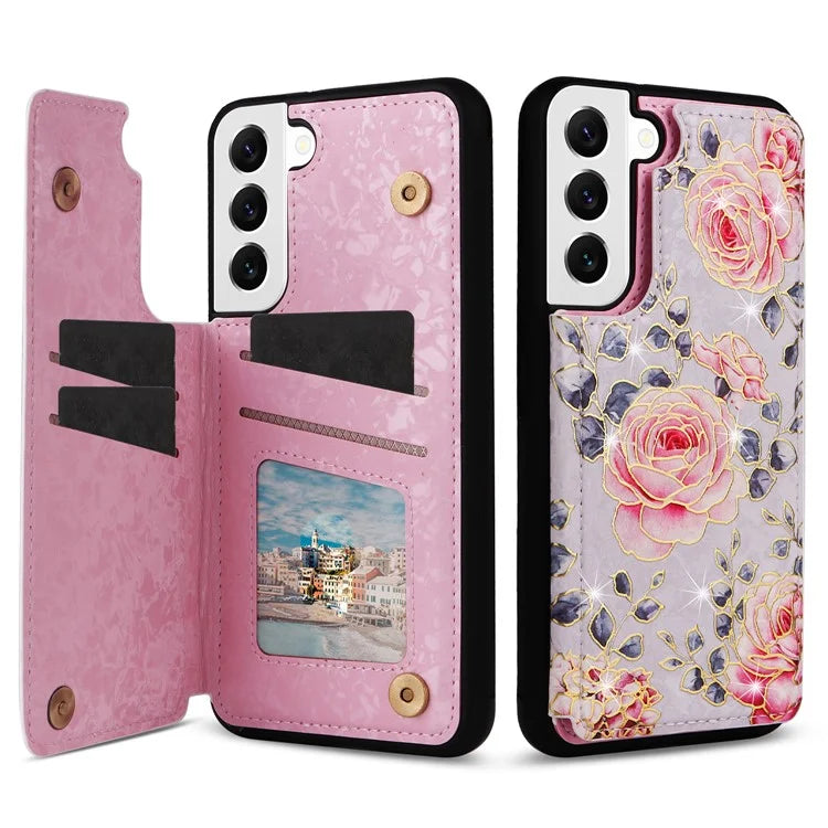 For Samsung Galaxy S22 5G Pattern Printing Case Kickstand Card Slots Phone Back Shell