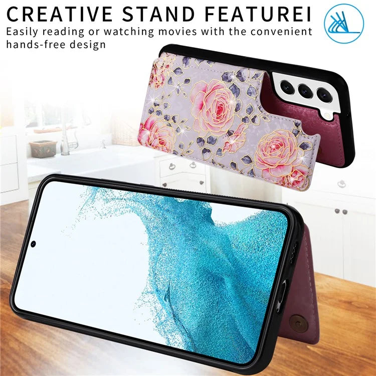 For Samsung Galaxy S22 5G Pattern Printing Case Kickstand Card Slots Phone Back Shell