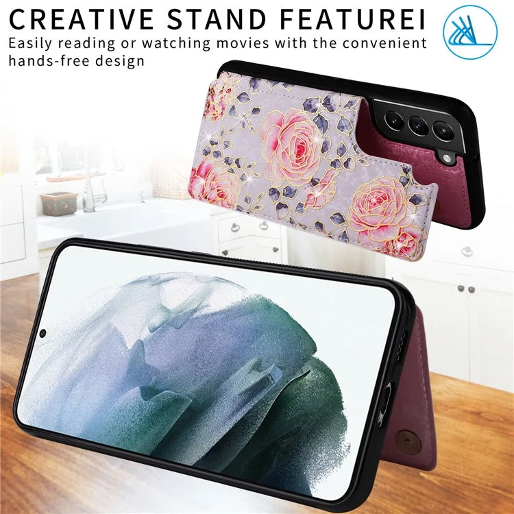 For Samsung Galaxy S21 4G / 5G Case Card Holder Kickstand Stylish Pattern Phone Cover