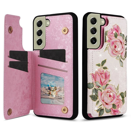 Phone Cover for Samsung Galaxy S21 FE 5G Kickstand Flower PU Leather Coated TPU Phone Case