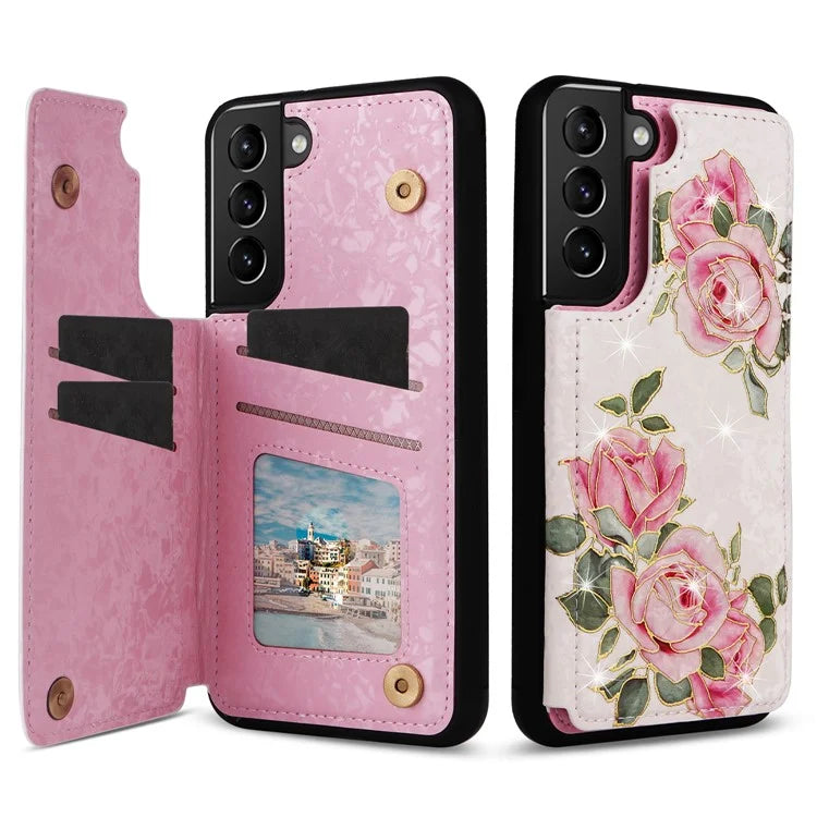 For Samsung Galaxy S21+ 5G Kickstand Case Pattern Printing Card Slots Phone Back Shell Flower