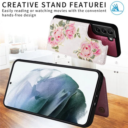 For Samsung Galaxy S21+ 5G Kickstand Case Pattern Printing Card Slots Phone Back Shell Flower