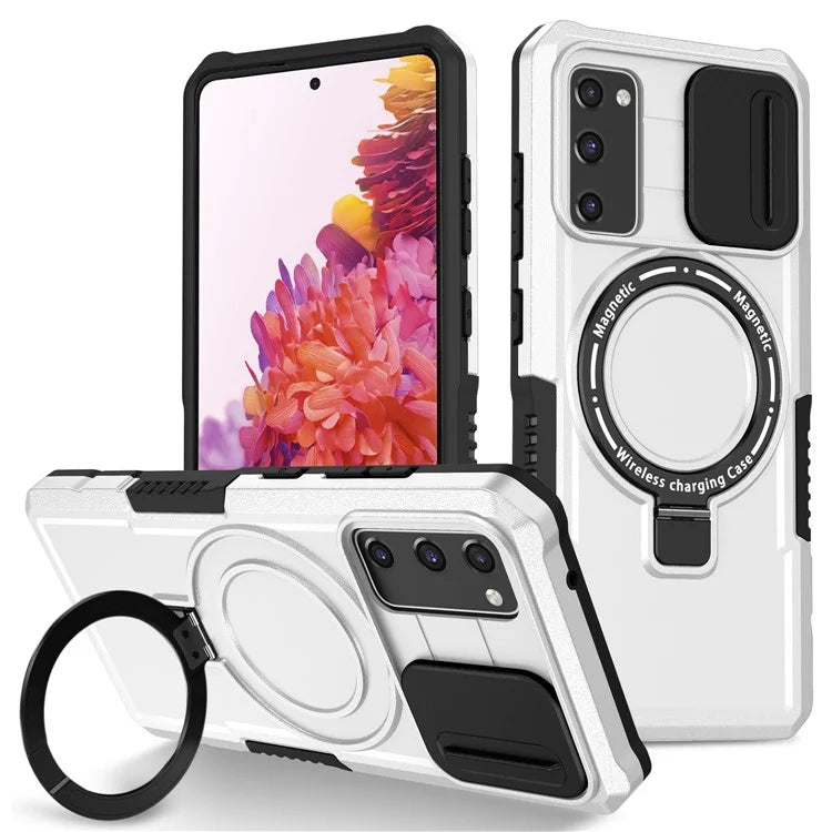 For Samsung Galaxy S20 FE 4G / FE 5G / S20 Lite / S20 FE 2022 Magnetic Case PC+TPU Phone Shell with Slide Camera Lid  /  White