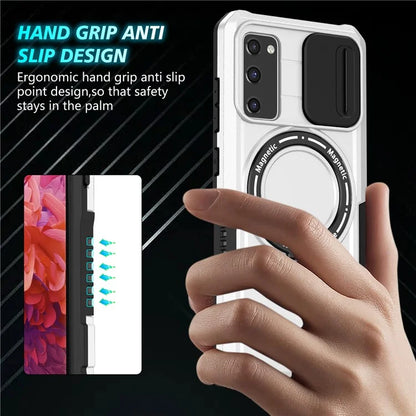 For Samsung Galaxy S20 FE 4G / FE 5G / S20 Lite / S20 FE 2022 Magnetic Case PC+TPU Phone Shell with Slide Camera Lid  /  White