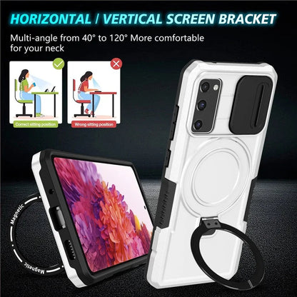 For Samsung Galaxy S20 FE 4G / FE 5G / S20 Lite / S20 FE 2022 Magnetic Case PC+TPU Phone Shell with Slide Camera Lid  /  White