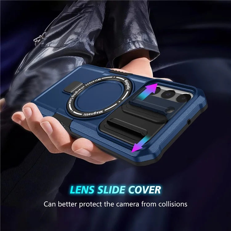 For Samsung Galaxy S22 5G Case PC+TPU Magnetic Phone Shell with Slide Camera Lid