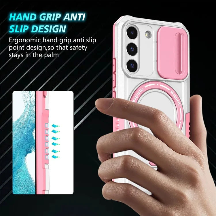 For Samsung Galaxy S22 5G Case PC+TPU Magnetic Phone Shell with Slide Camera Lid