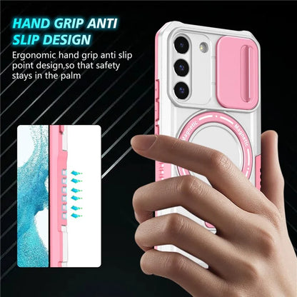 For Samsung Galaxy S22 5G Case PC+TPU Magnetic Phone Shell with Slide Camera Lid
