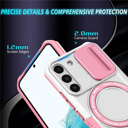 For Samsung Galaxy S22 5G Case PC+TPU Magnetic Phone Shell with Slide Camera Lid
