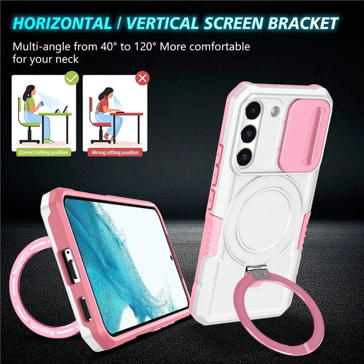 For Samsung Galaxy S22 5G Case PC+TPU Magnetic Phone Shell with Slide Camera Lid