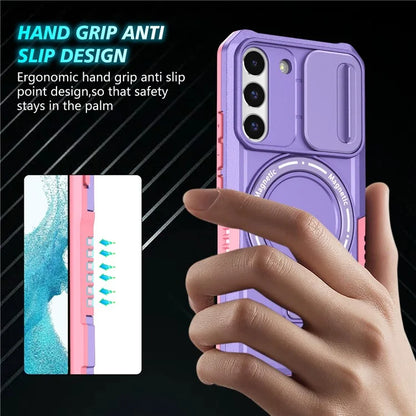 For Samsung Galaxy S22 5G Case PC+TPU Magnetic Phone Shell with Slide Camera Lid