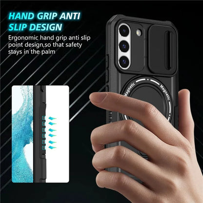 For Samsung Galaxy S22 5G Case PC+TPU Magnetic Phone Shell with Slide Camera Lid