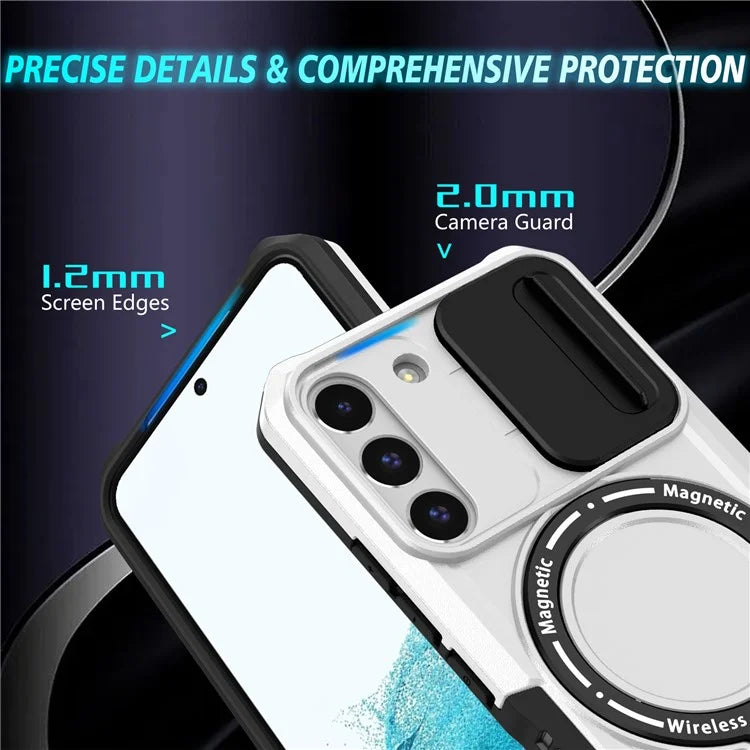 For Samsung Galaxy S22 5G Case PC+TPU Magnetic Phone Shell with Slide Camera Lid / White