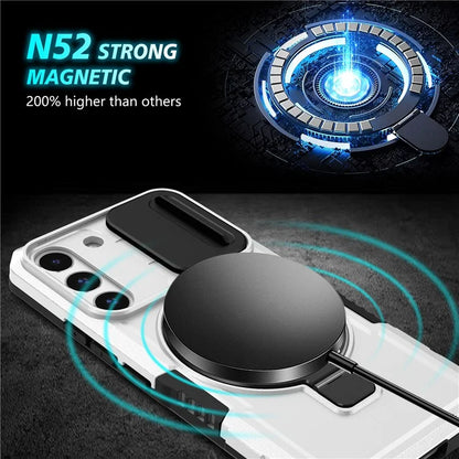 For Samsung Galaxy S22 5G Case PC+TPU Magnetic Phone Shell with Slide Camera Lid / White
