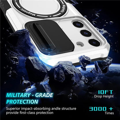 For Samsung Galaxy S22 5G Case PC+TPU Magnetic Phone Shell with Slide Camera Lid / White