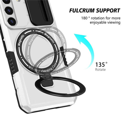 For Samsung Galaxy S22 5G Case PC+TPU Magnetic Phone Shell with Slide Camera Lid / White
