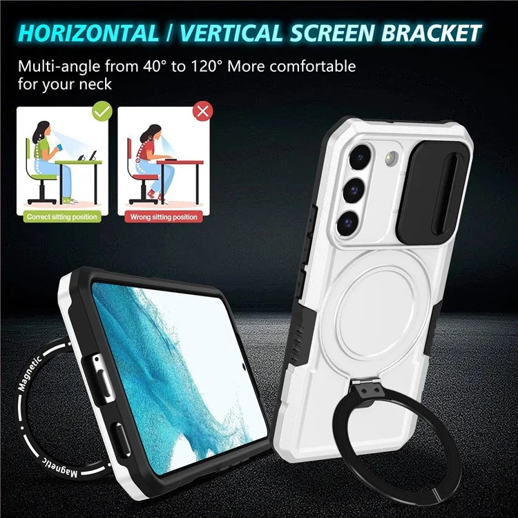 For Samsung Galaxy S22 5G Case PC+TPU Magnetic Phone Shell with Slide Camera Lid / White