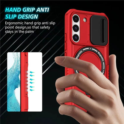 For Samsung Galaxy S22 5G Case PC+TPU Magnetic Phone Shell with Slide Camera Lid