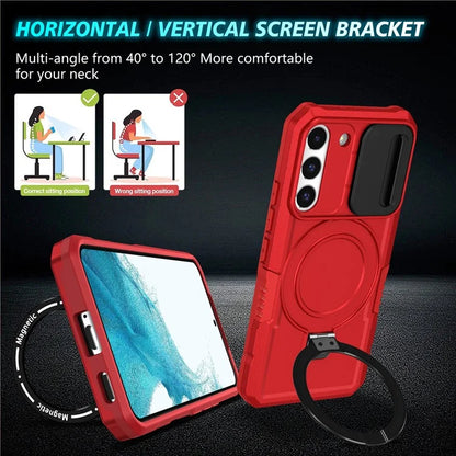 For Samsung Galaxy S22 5G Case PC+TPU Magnetic Phone Shell with Slide Camera Lid