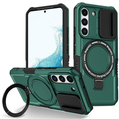 For Samsung Galaxy S22 5G Case PC+TPU Magnetic Phone Shell with Slide Camera Lidish Green