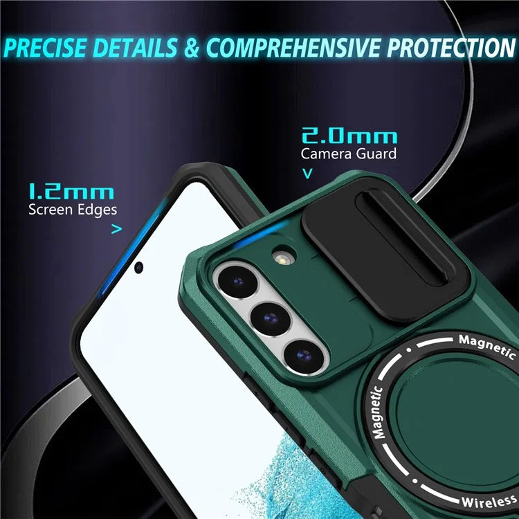 For Samsung Galaxy S22 5G Case PC+TPU Magnetic Phone Shell with Slide Camera Lidish Green