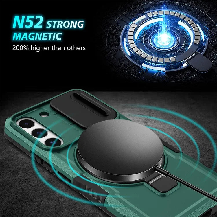For Samsung Galaxy S22 5G Case PC+TPU Magnetic Phone Shell with Slide Camera Lidish Green