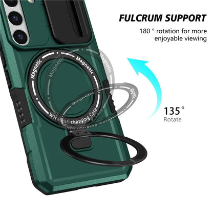 For Samsung Galaxy S22 5G Case PC+TPU Magnetic Phone Shell with Slide Camera Lidish Green