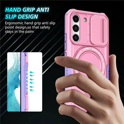 For Samsung Galaxy S22 5G Case PC+TPU Magnetic Phone Shell with Slide Camera Lid