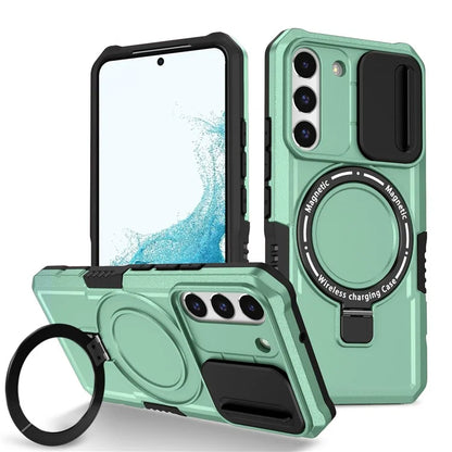 For Samsung Galaxy S22 5G Case PC+TPU Magnetic Phone Shell with Slide Camera Lid