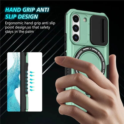 For Samsung Galaxy S22 5G Case PC+TPU Magnetic Phone Shell with Slide Camera Lid