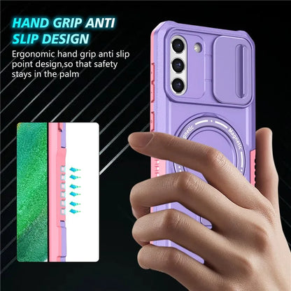 For Samsung Galaxy S21 FE 5G Case PC+TPU Magnetic Phone Shell with Slide Camera Cover