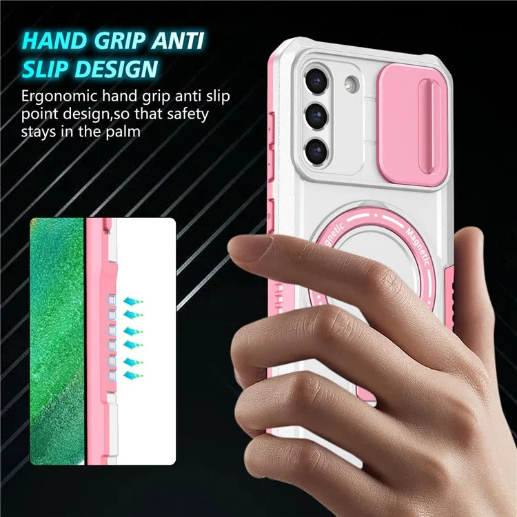 For Samsung Galaxy S21 FE 5G Case PC+TPU Magnetic Phone Shell with Slide Camera Cover