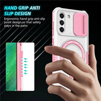 For Samsung Galaxy S21 FE 5G Case PC+TPU Magnetic Phone Shell with Slide Camera Cover
