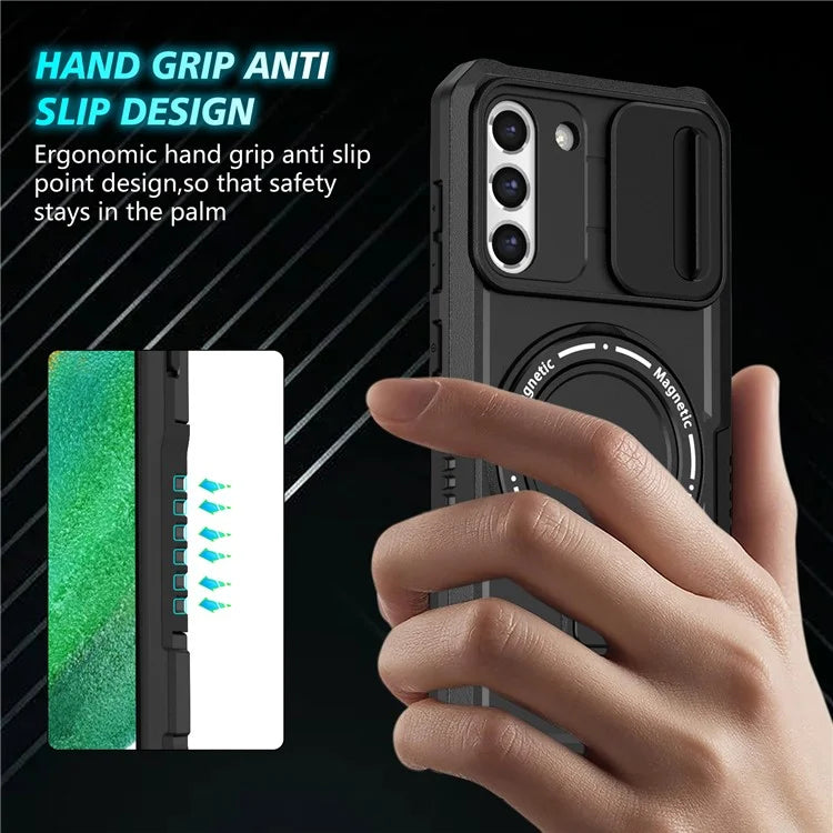 For Samsung Galaxy S21 FE 5G Case PC+TPU Magnetic Phone Shell with Slide Camera Cover