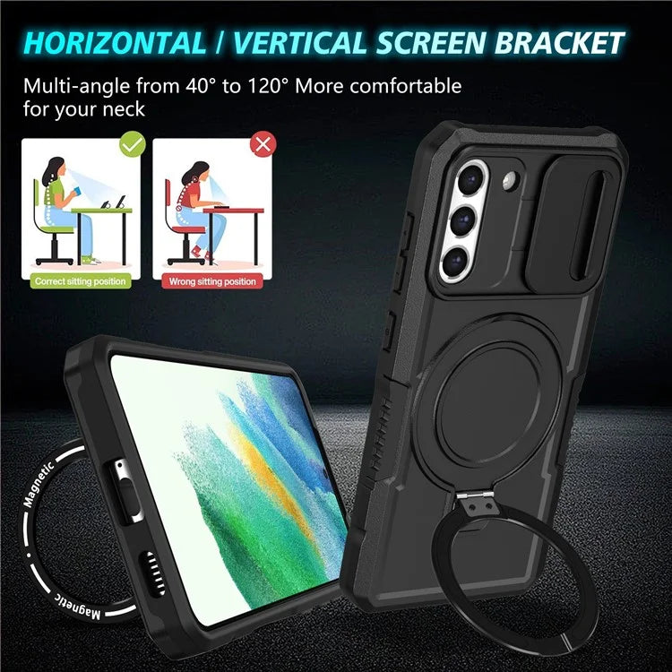 For Samsung Galaxy S21 FE 5G Case PC+TPU Magnetic Phone Shell with Slide Camera Cover