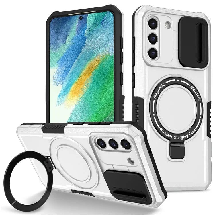 For Samsung Galaxy S21 FE 5G Case PC+TPU Magnetic Phone Shell with Slide Camera Cover  /  White