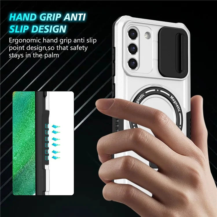 For Samsung Galaxy S21 FE 5G Case PC+TPU Magnetic Phone Shell with Slide Camera Cover  /  White