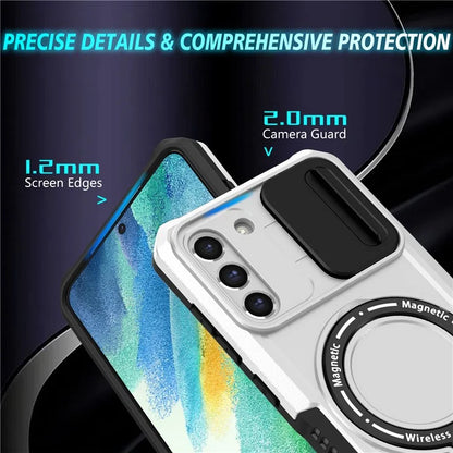 For Samsung Galaxy S21 FE 5G Case PC+TPU Magnetic Phone Shell with Slide Camera Cover  /  White