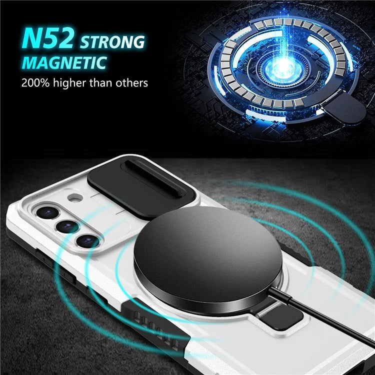 For Samsung Galaxy S21 FE 5G Case PC+TPU Magnetic Phone Shell with Slide Camera Cover  /  White