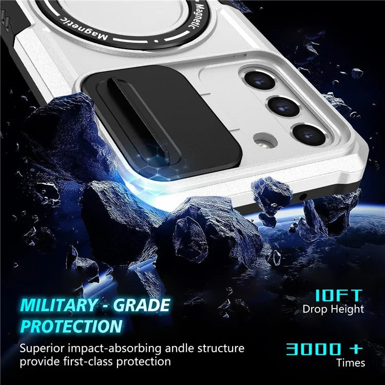 For Samsung Galaxy S21 FE 5G Case PC+TPU Magnetic Phone Shell with Slide Camera Cover  /  White