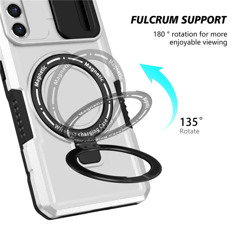For Samsung Galaxy S21 FE 5G Case PC+TPU Magnetic Phone Shell with Slide Camera Cover  /  White