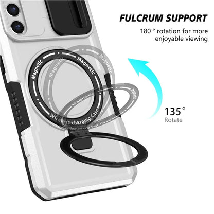 For Samsung Galaxy S21 FE 5G Case PC+TPU Magnetic Phone Shell with Slide Camera Cover  /  White