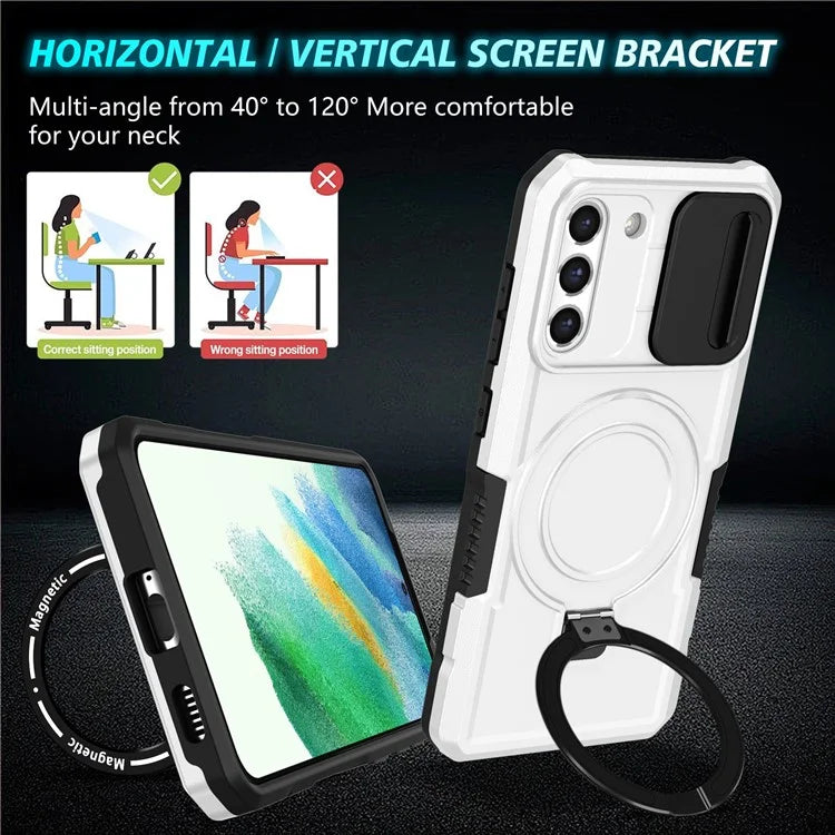 For Samsung Galaxy S21 FE 5G Case PC+TPU Magnetic Phone Shell with Slide Camera Cover  /  White