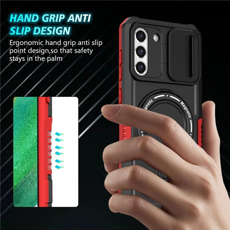 For Samsung Galaxy S21 FE 5G Case PC+TPU Magnetic Phone Shell with Slide Camera Cover