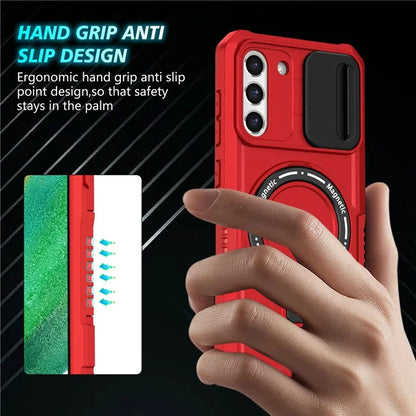 For Samsung Galaxy S21 FE 5G Case PC+TPU Magnetic Phone Shell with Slide Camera Cover