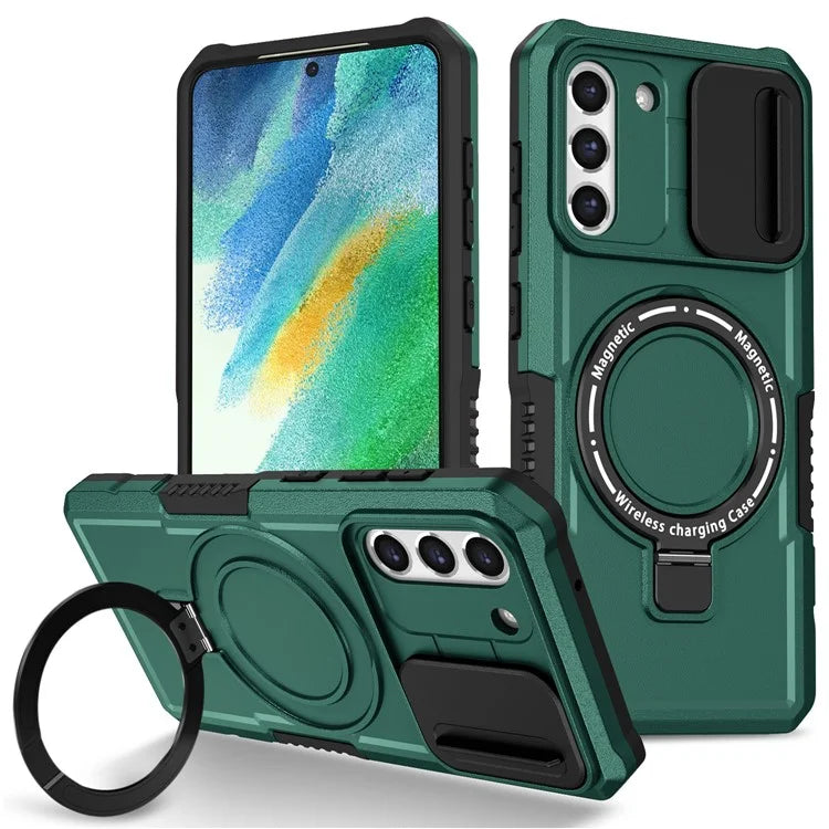 For Samsung Galaxy S21 FE 5G Case PC+TPU Magnetic Phone Shell with Slide Camera Coverish Green