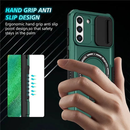 For Samsung Galaxy S21 FE 5G Case PC+TPU Magnetic Phone Shell with Slide Camera Coverish Green